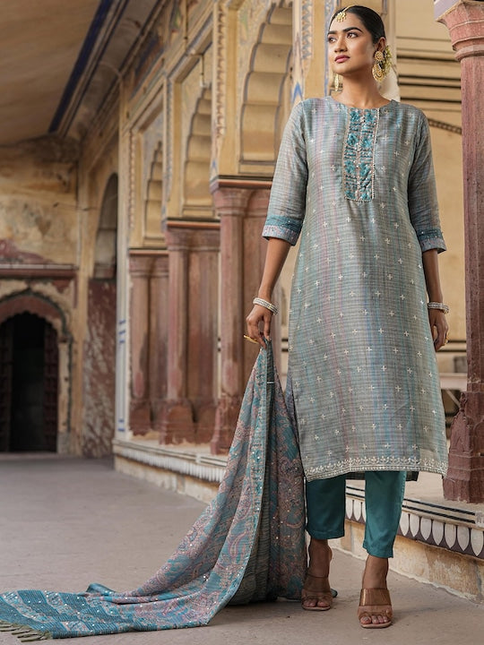 Scakhi Ethnic Motifs Embroidered Sequinned Chanderi Silk Kurta With Trousers & Dupatta