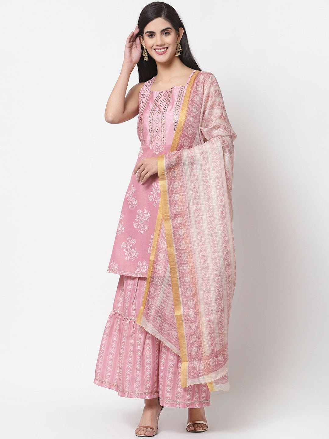Myshka Women Peach-Coloured & White Floral Printed Kurta with Sharara & With Dupatta