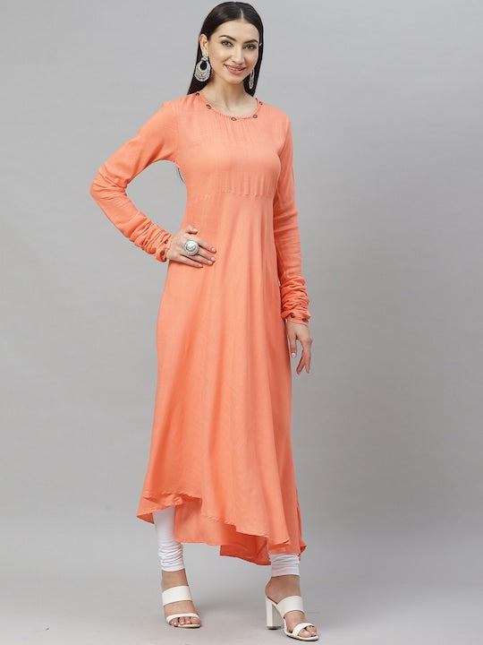 Myshka Women Peach-Coloured Solid A-Line Asymmetric Kurta With Dupatta