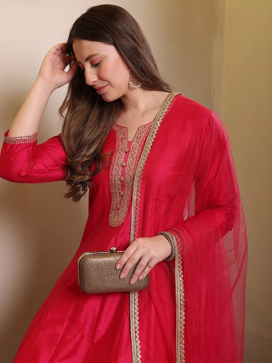 House of Pataudi Embroidered Round Neck Three-Quarter Sleeves A-Line Kurta Set