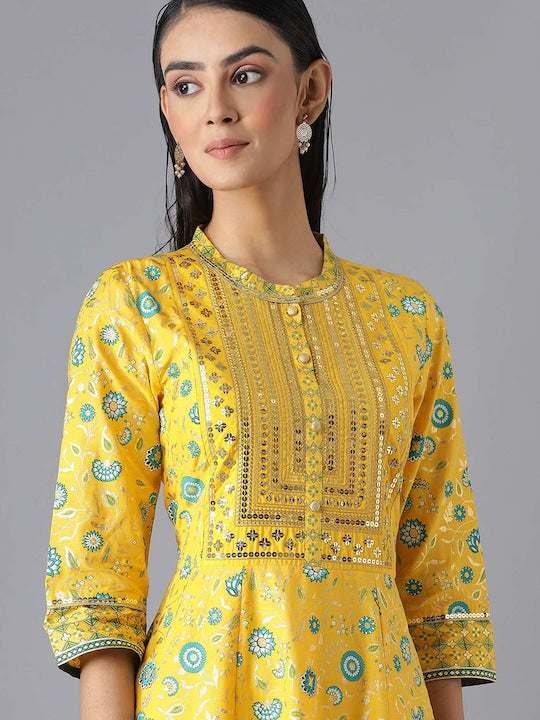 Aurelia Yellow & Green Ethnic Motifs Pure Cotton Maxi Dress
