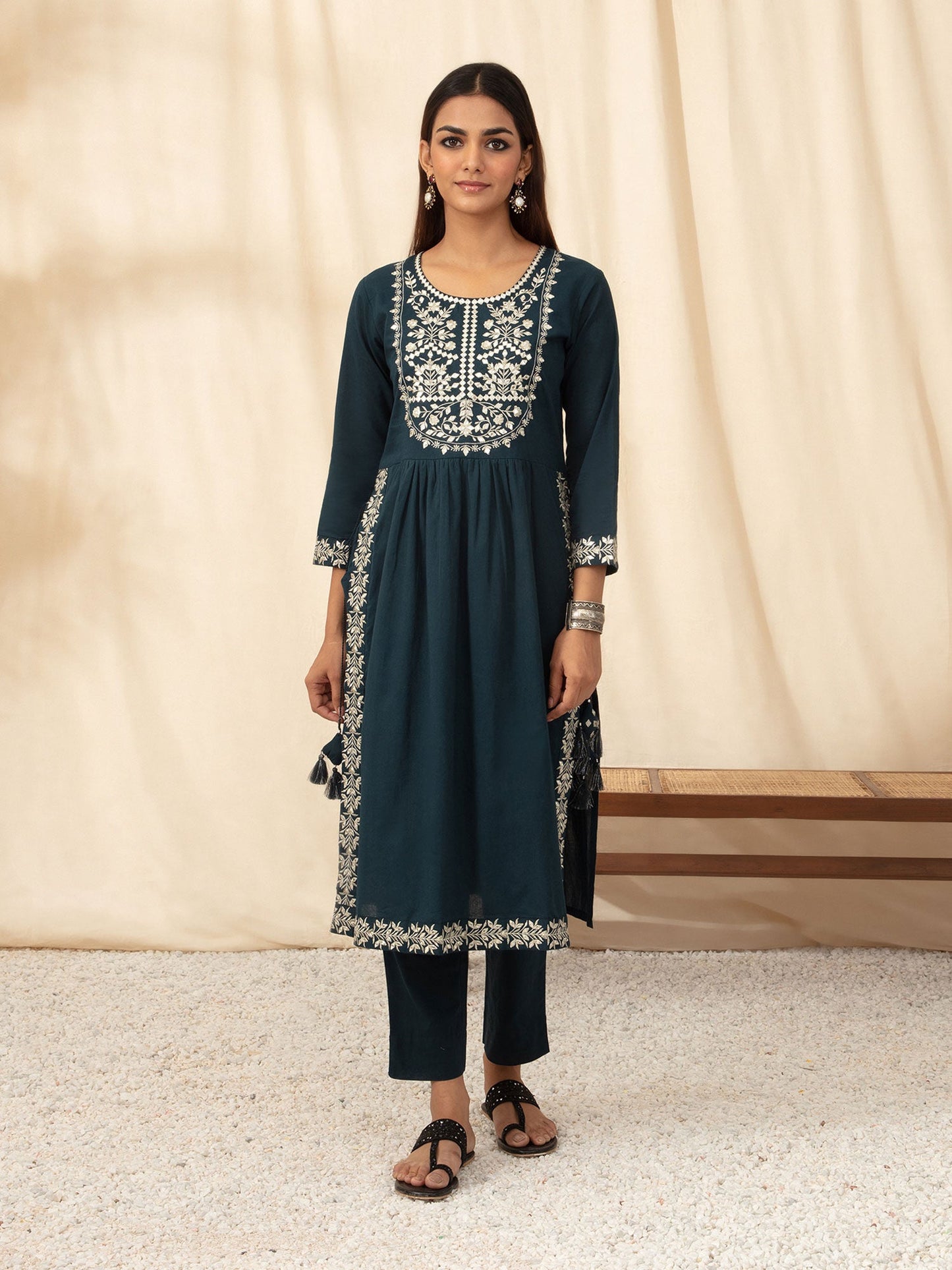 Likha Navy Embroidered Naira Cut Co-ord Set LIKSKD72 (Set of 2) - M