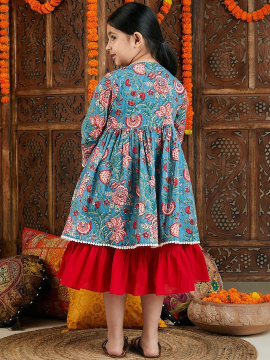 Vastramay Cotton Fit & Flared Dress With Printed Jacket