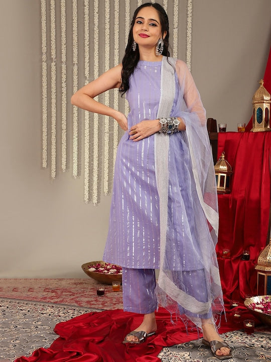 Varanga Striped Halter Neck Pure Cotton Straight Kurta & Trouser With Dupatta