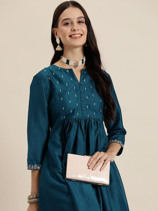 Here&now Teal Ethnic Motifs Yoke Design Thread Work Kurta
