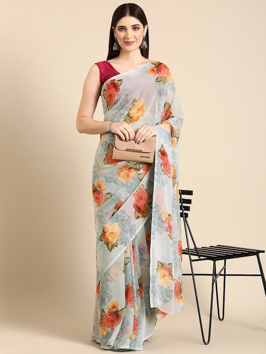 Here&now Floral Printed Pure Georgette Saree