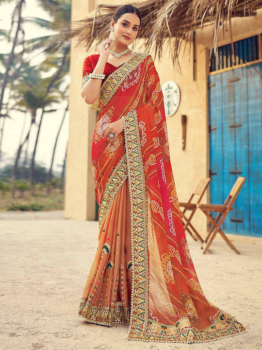 Satrani Beads and Stones Bandhani Printed Saree