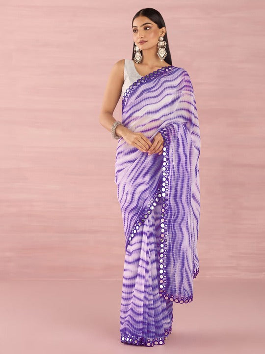 Satrani Purple Striped Printed Mirror Work Leheriya Saree
