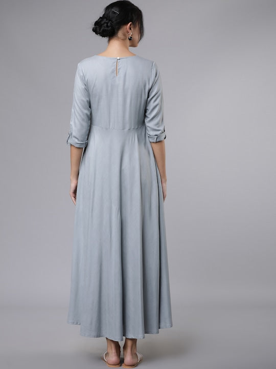 Vishudh Women Grey Floral Embroidered Detail Fit and Flare Dress