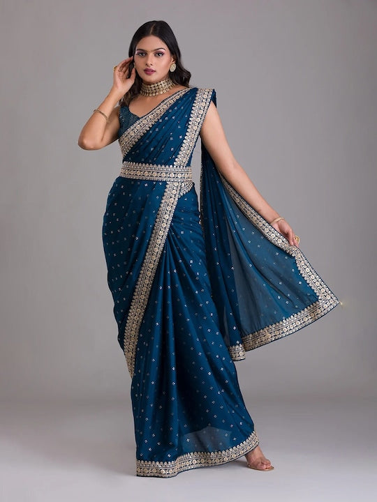 Fusionic Ethnic Motifs Embroidered Belted Saree