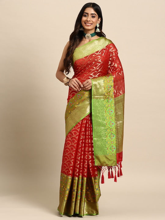 Silk Land Red & Green Zari Silk Blend Banarasi Saree