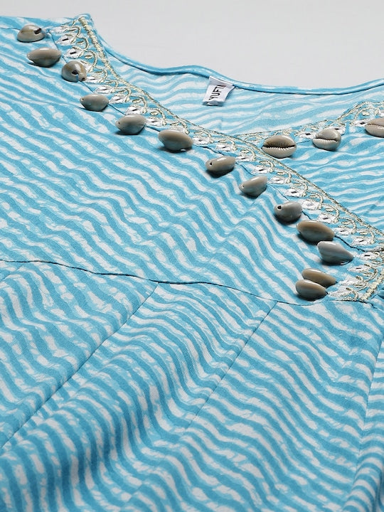 Yufta Women Turquoise Blue Leheriya Printed Kurta