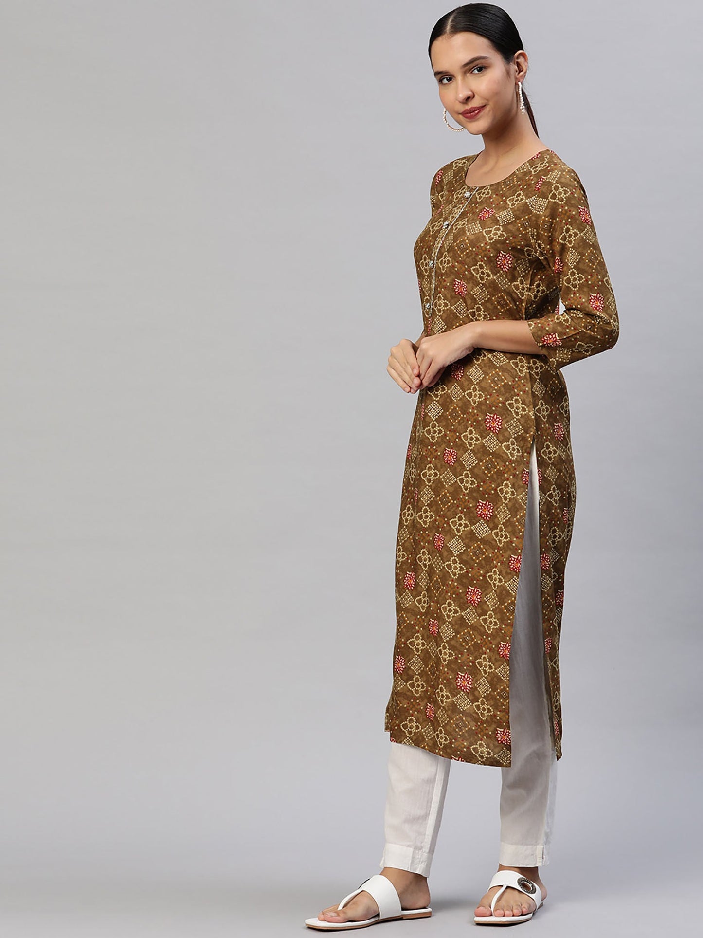 PIROH Womens Rayon Ethnic Print Straight Kurta - Brown