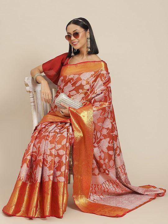 Silk Land Red & White Ethnic Motifs Zari Ikat Saree