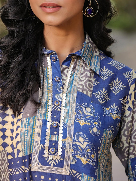 Scakhi Ethnic Motifs Printed Shirt Collar Gotta Patti Kurta With Patiala