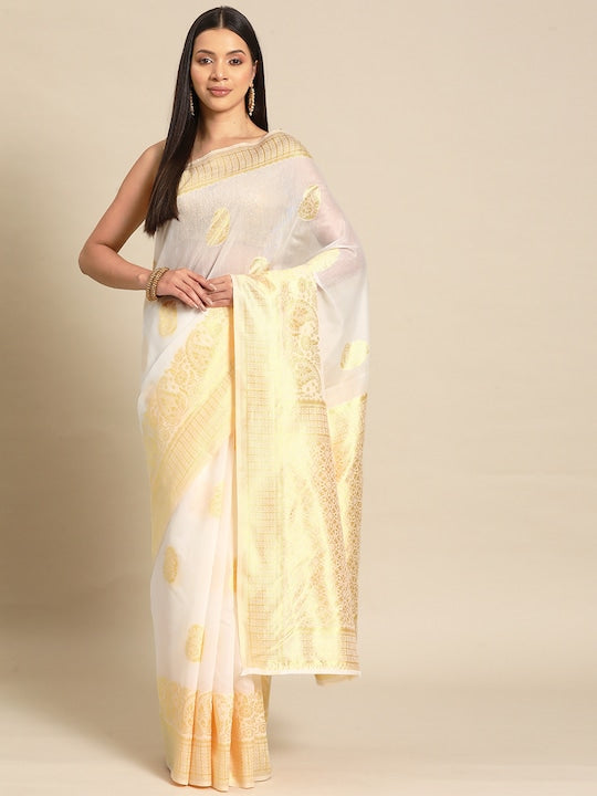 Silk Land White & Gold-Toned Woven Design Zari Saree