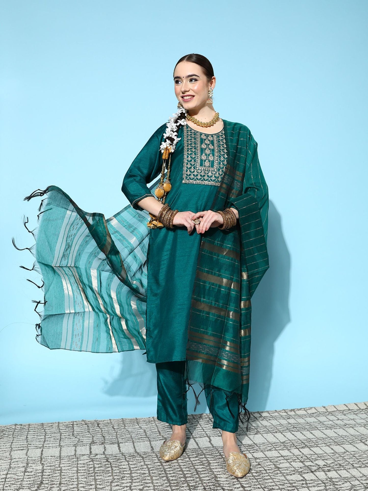 ISHIN Womens Green Yoke Design A-Line Kurta with Trouser & Dupatta (Set of 3)