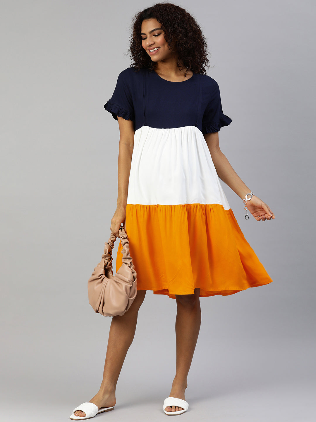 MomToBe Navy Blue Colourblocked Maternity Nursing Fit & Flare Dress