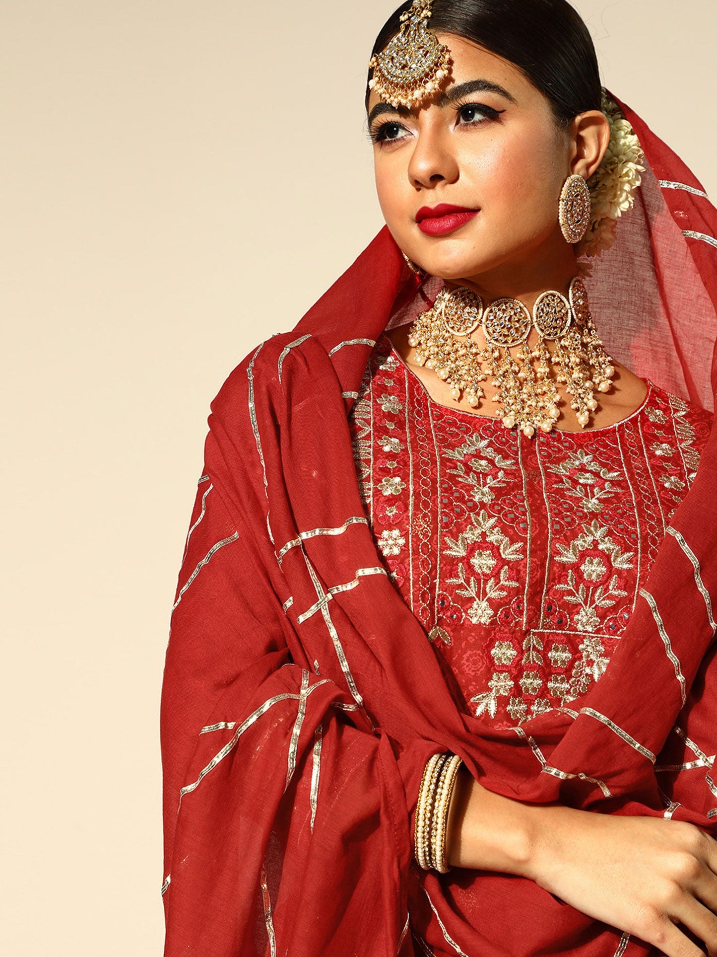 ISHIN womens Cotton Blend Maroon Embroidered A-line Kurta Sharara Dupatta (Set of 3)