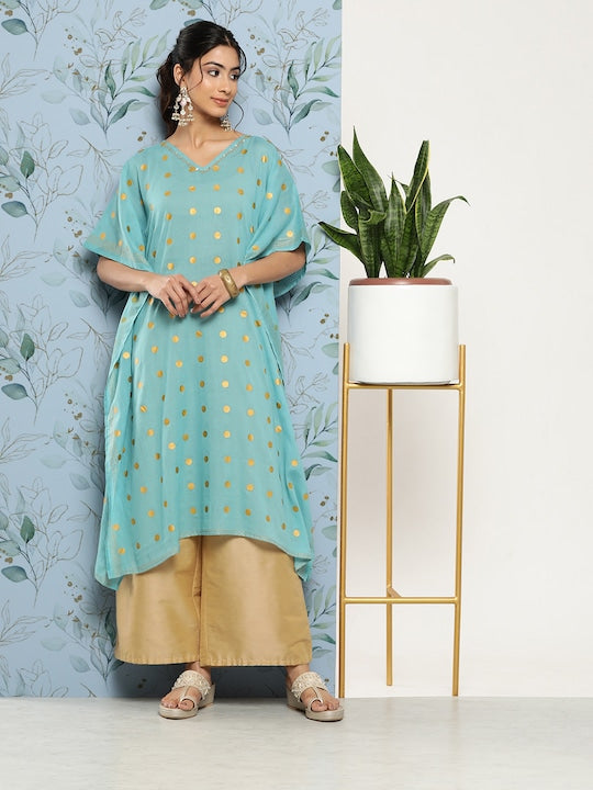 Yufta Women Printed Flared Sleeves Pure Cotton Kaftan Kurta - S