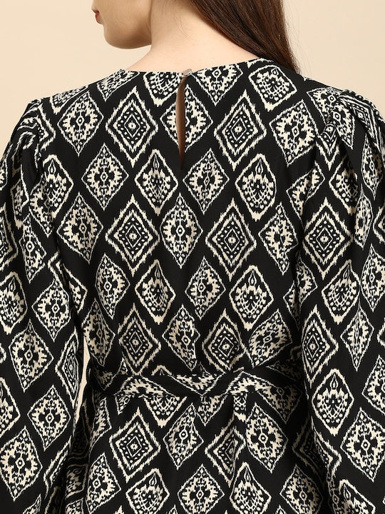 All about you Black & White Ethnic Motifs A-Line Dress With A Belt