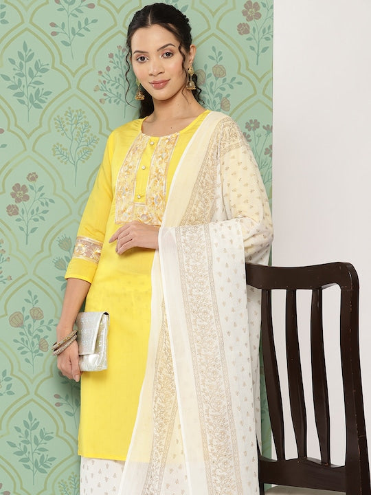 Yufta Women Floral Embroidered Regular Sequinned Kurta with Palazzos & With Dupatta