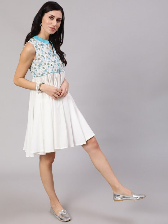 AKS Floral Printed Mandarin Collar Cotton Fit and Flare Dress