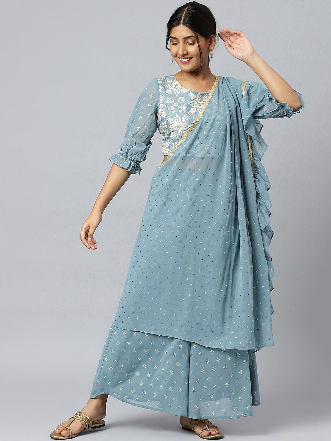 AURELIA Women Blue Floral Embroidered Kurta with Palazzos & With Dupatta