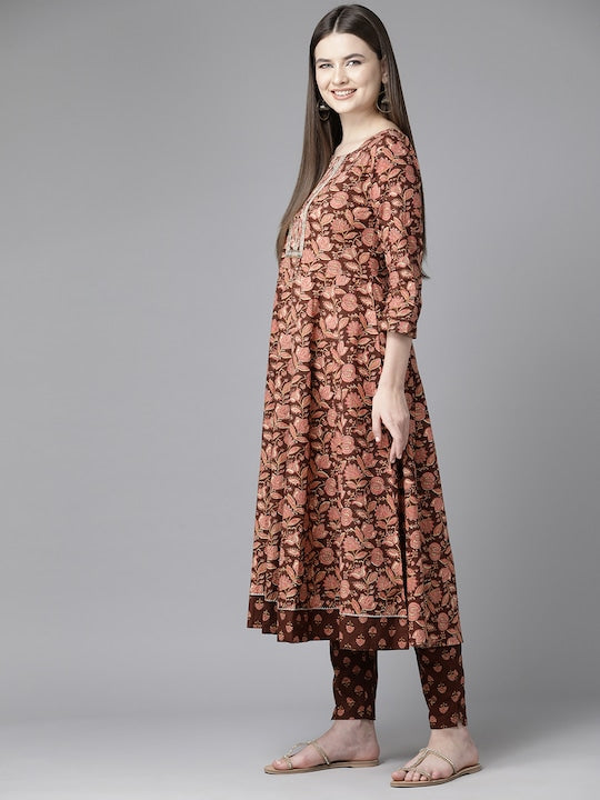 Yufta Floral Printed Regular Sequinned Pure Cotton Kurta with Trousers & Dupatta