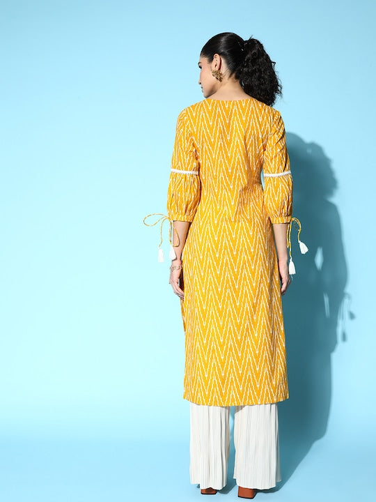 Yufta Women Yellow & White Cotton Tie-Up Neck Puff Sleeves Chevron Printed Kurta