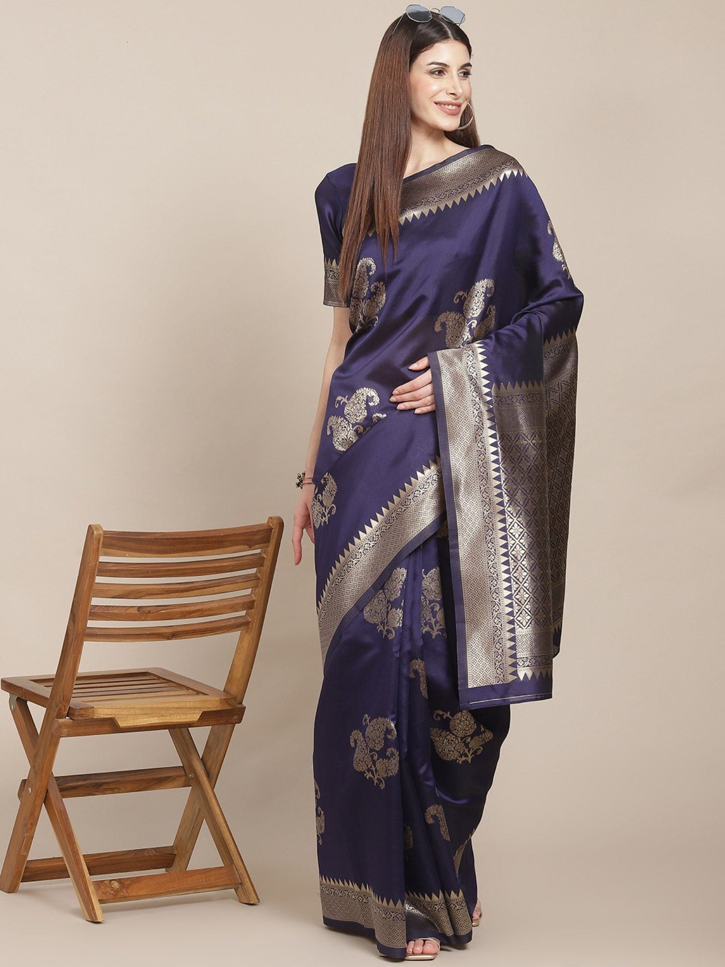 KSUT (House of Varanga) Navy Blue Woven Design Banarasi Silk Saree With Blouse Piece