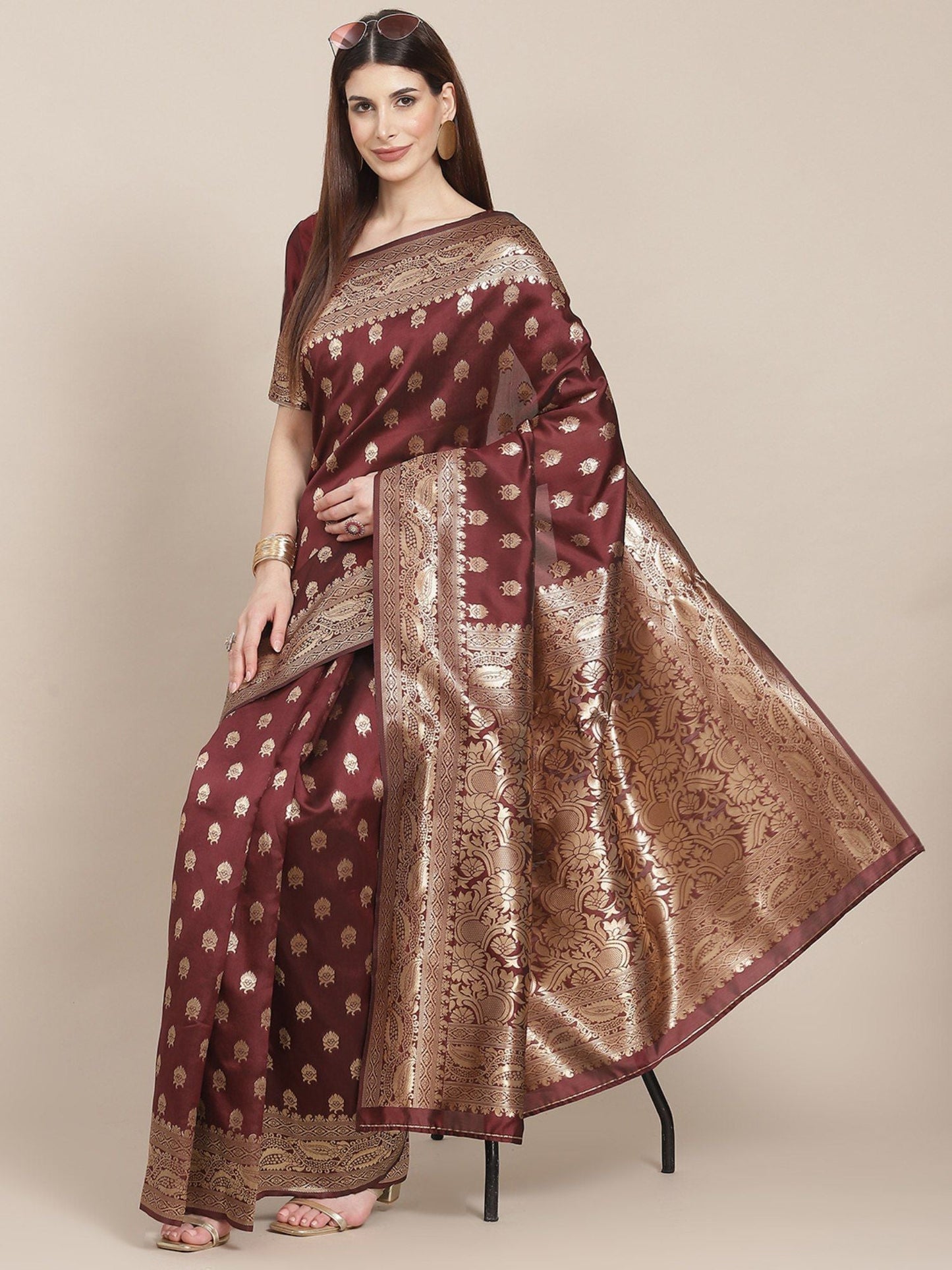 KSUT (House of Varanga) Maroon Woven Design Banarasi Silk Saree With Blouse Piece