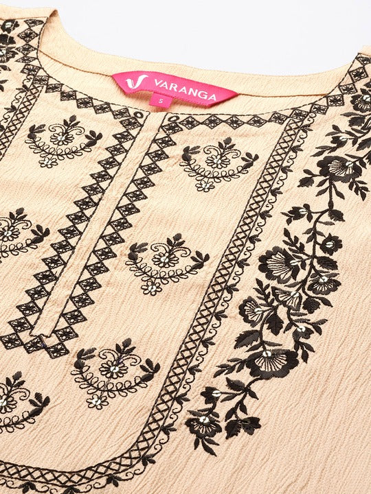 Varanga Floral Yoke Design Regular Thread Work Silk Crepe Kurta with Trousers & Dupatta