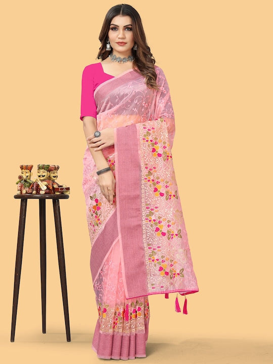 Sangria Pink & White Floral Embroidered Zari Organza Bagh Sarees