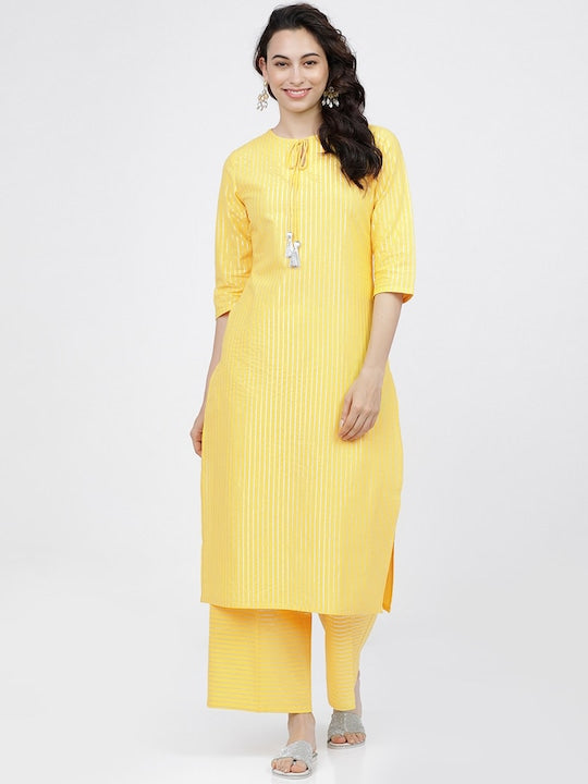 Vishudh Women Yellow Striped Regular Pure Cotton Kurta with Palazzos - M