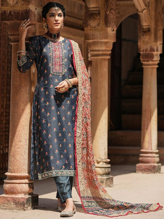 Scakhi Ethnic Motifs Printed Chanderi Silk Straight Kurta With Trousers & Dupatta