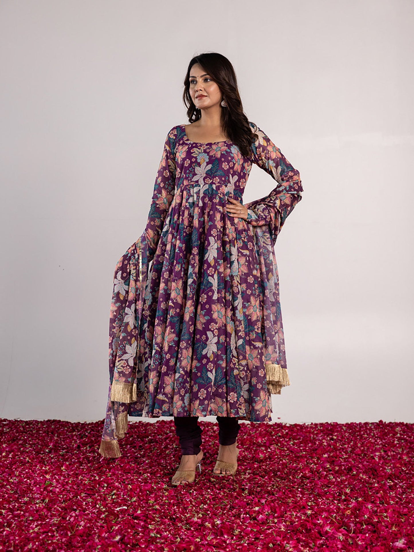 ONEWE INDIA Nitya Anarkali Kurta with Churidar & Dupatta (Set of 3)