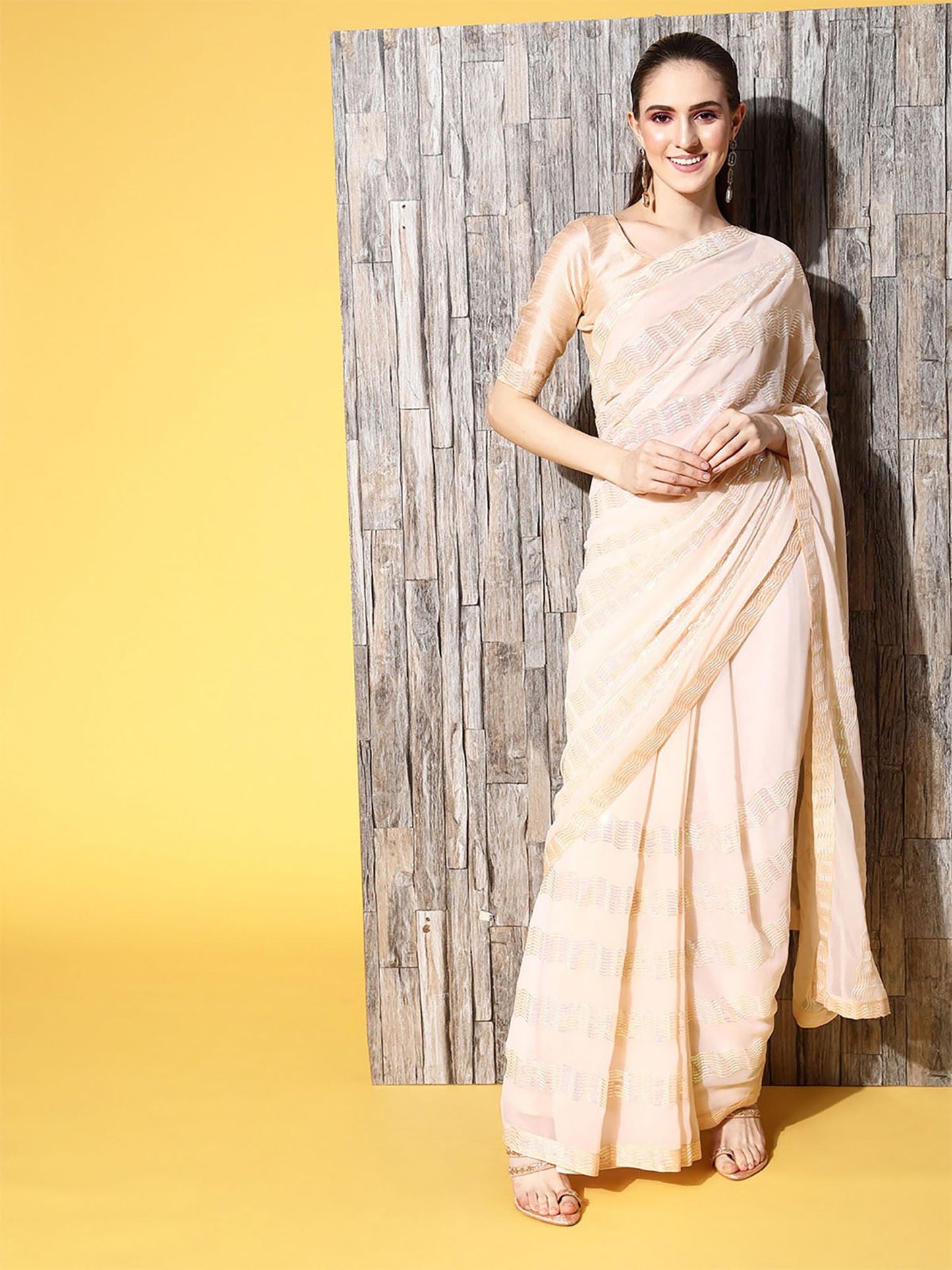 Odette Beige Sequence Embroidered Georgette Saree with Unstitched Blouse