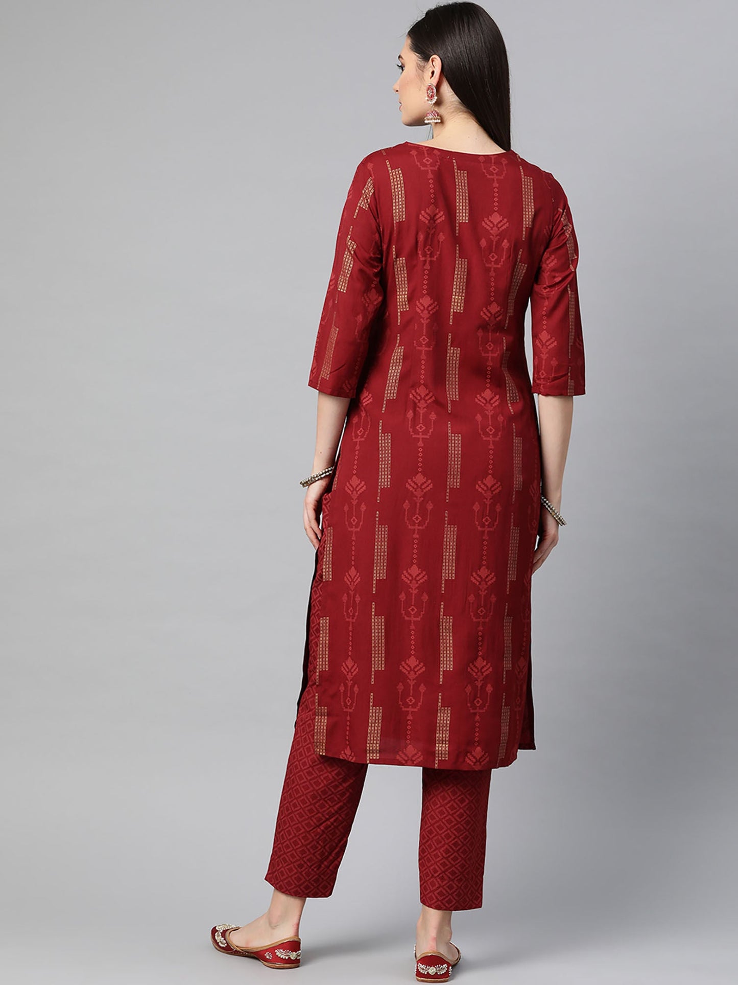 PIROH Womens Rayon Geometrical Gold Butta Straight Kurta Trouser Red (Set of 2)