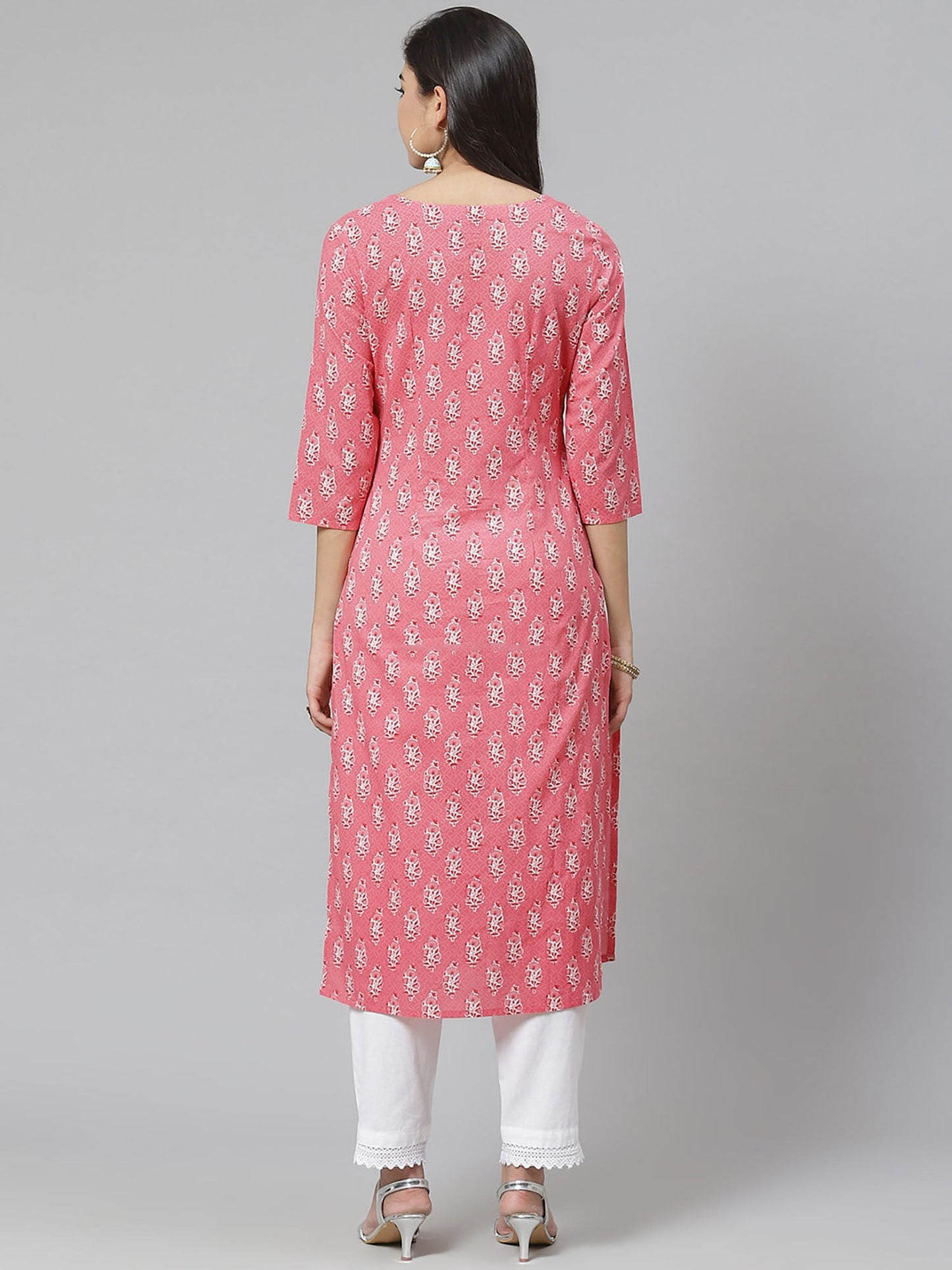 PIROH Womens Printed & Embroidered Straight Kurta Pink