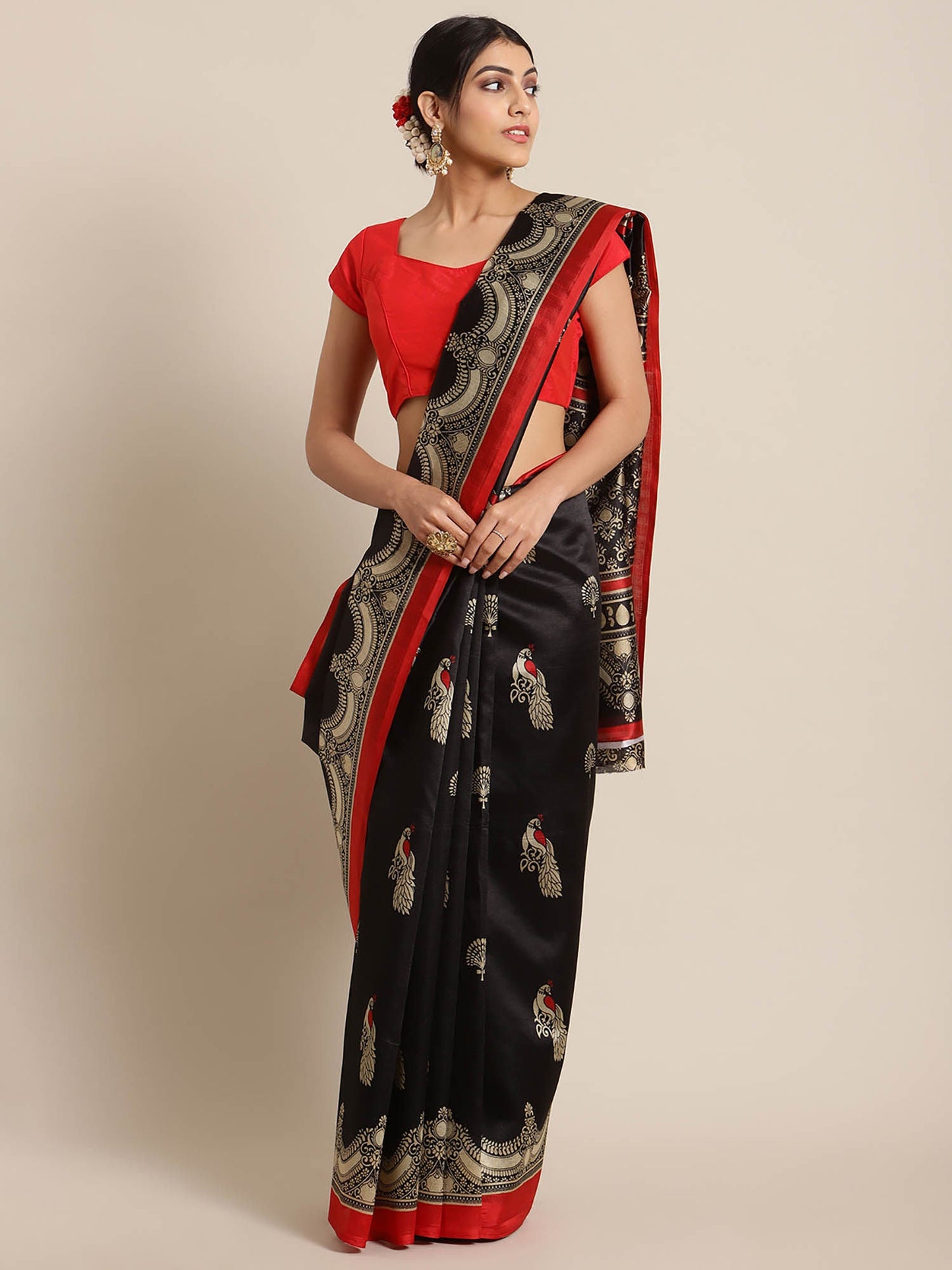 KSUT Black Printed Saree with Unstitched Blouse Piece