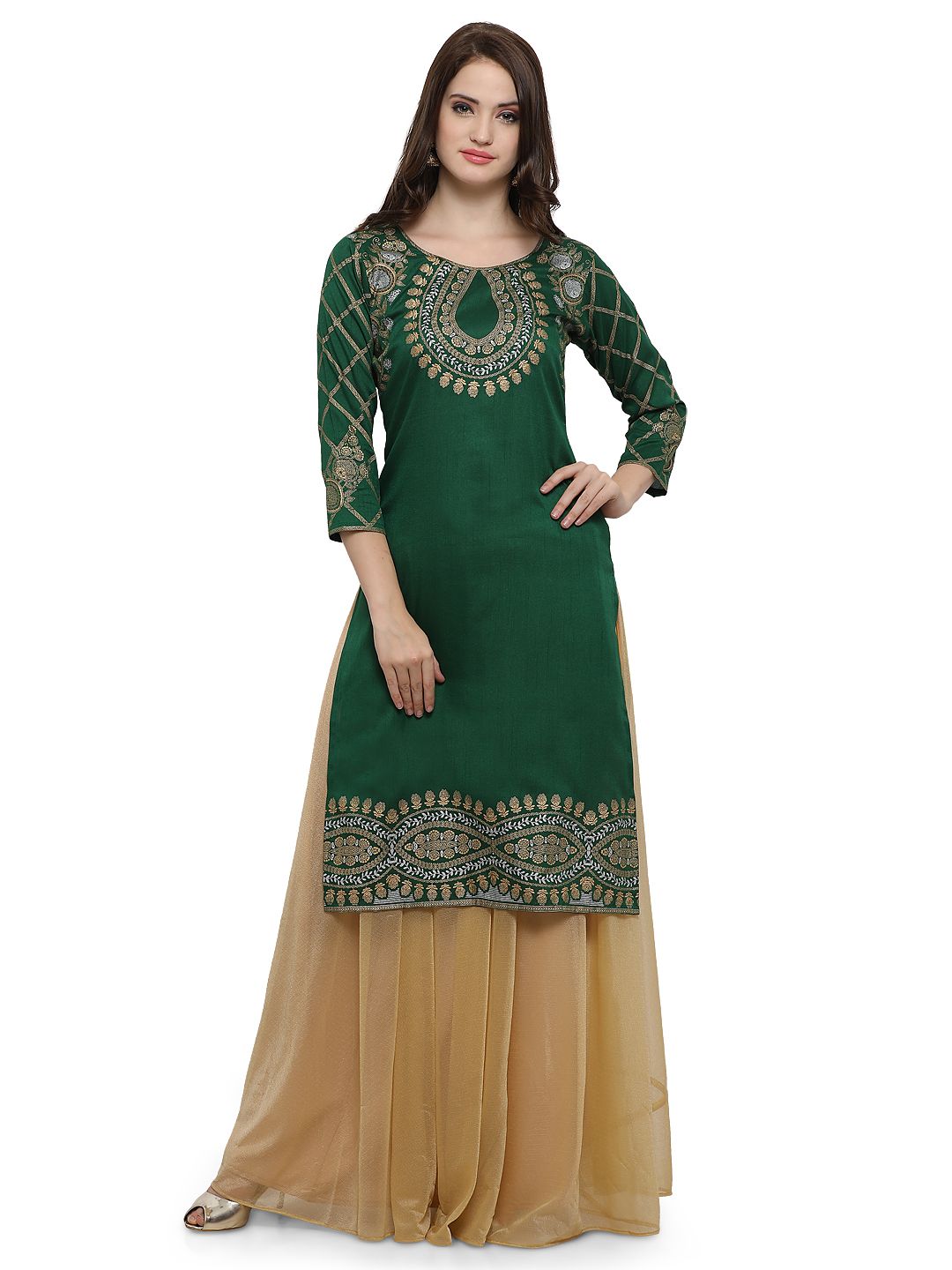 Ahalyaa Women's Green Poly Silk Gold Foil Print Kurta