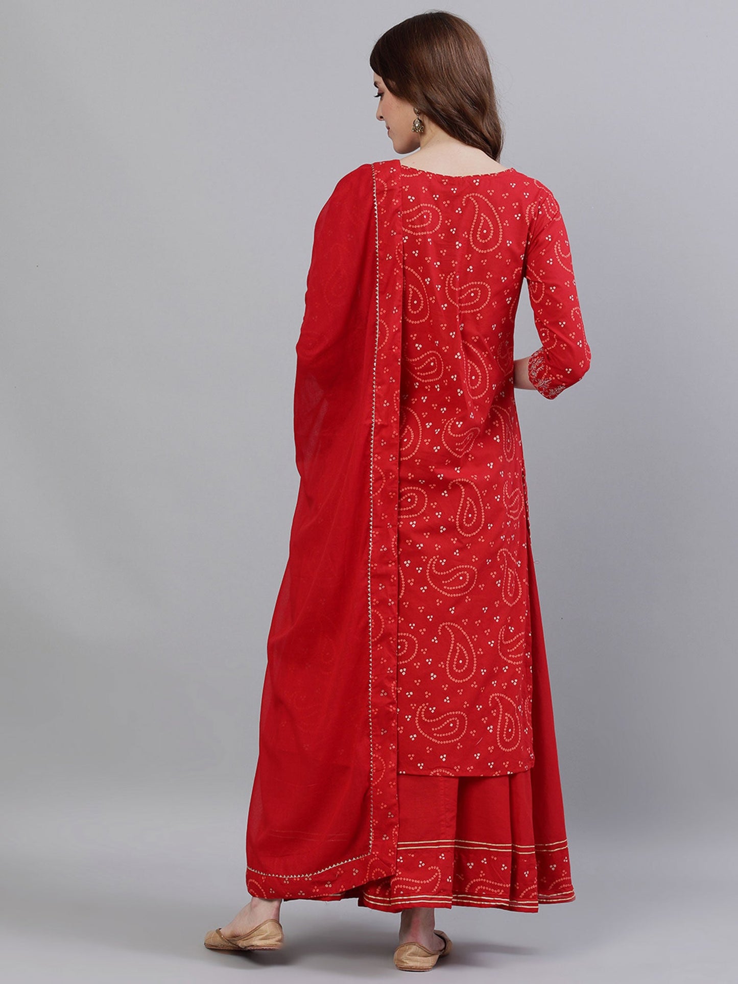 ISHIN Women Cotton Red Bandhani Embroidered A-Line Kurta and Sharara with Dupatta (Set of 3)