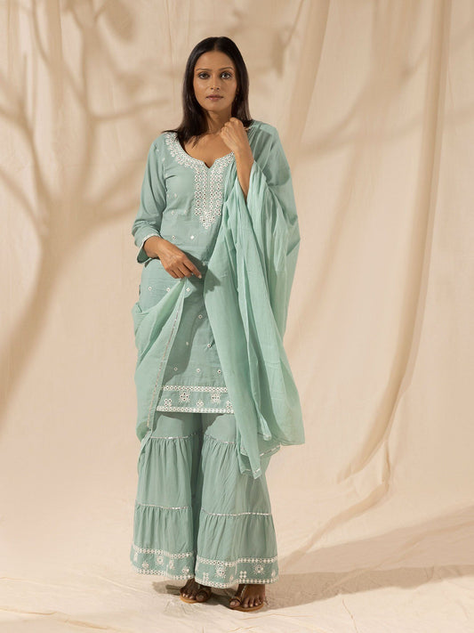 Likha Mint Green Mirrorwork Sharara Set With Dupatta LIKSKD10 (Set of 3) - M