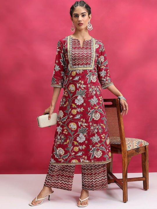 Vishudh Floral Printed Regular Pure Cotton Notch Neck Straight Kurta With Palazzo