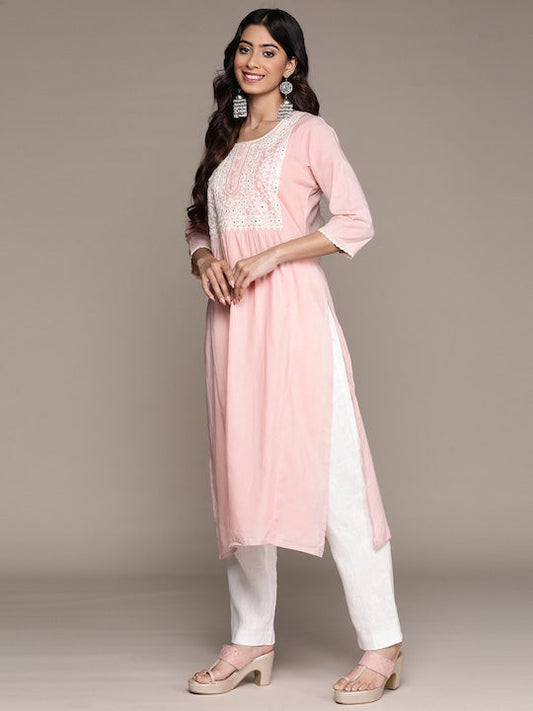 Anubhutee Ethnic Motifs Embroidered Mirror Work Pastel Kurta