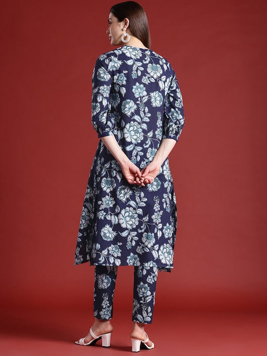 All about you Floral Print Pleated Pure Cotton Kurta with Trousers
