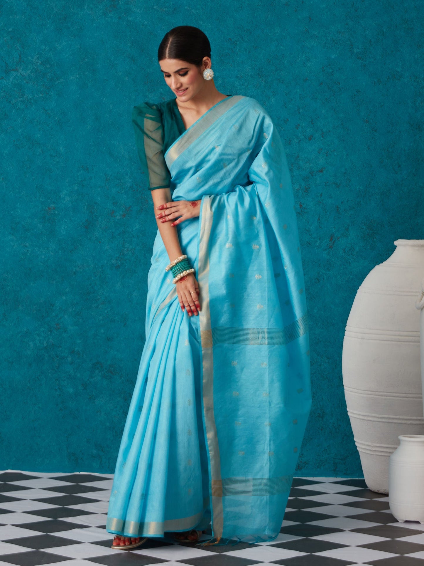 Likha Blue Linen Woven Bhagalpuri Festive Zari Saree & Unstitched Blouse LIKSAR51 (Free Size)