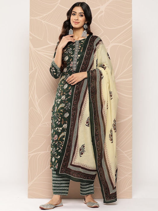 Yufta Floral Printed Regular Pure Cotton Kurta with Trousers & With Dupatta