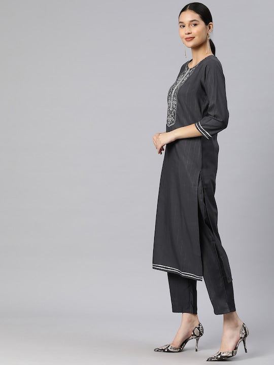 Mitera Floral Yoke Design Regular Thread Work Kurta With Trousers & Dupatta